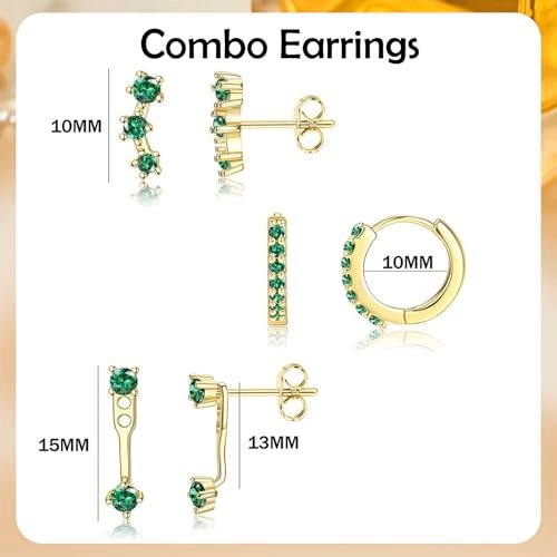 VAMA FASHIONS 3 Pair 18K Gold Plated Emerald Green CZ Stone Multiple Piercing Anti Tarnish Dainty Stud Huggie Hoop Hypoallergenic Lightweight Earrings Combo Set for Women. - Image 3