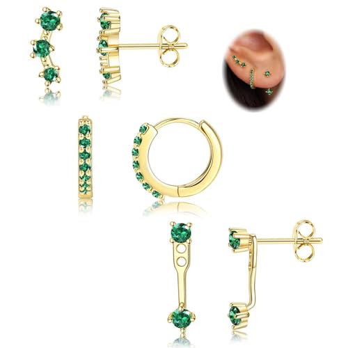 VAMA FASHIONS 3 Pair 18K Gold Plated Emerald Green CZ Stone Multiple Piercing Anti Tarnish Dainty Stud Huggie Hoop Hypoallergenic Lightweight Earrings Combo Set for Women. - Image 1