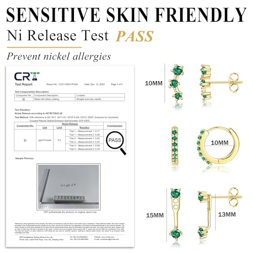 VAMA FASHIONS 3 Pair 18K Gold Plated Emerald Green CZ Stone Multiple Piercing Anti Tarnish Dainty Stud Huggie Hoop Hypoallergenic Lightweight Earrings Combo Set for Women. - Image 4