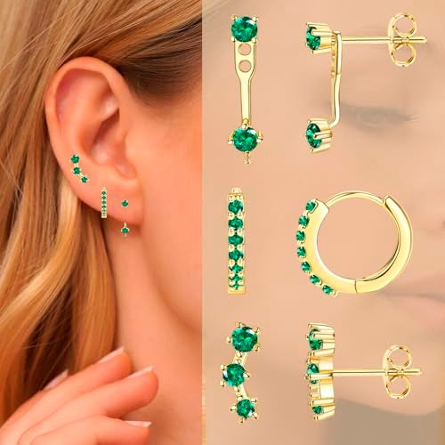 VAMA FASHIONS 3 Pair 18K Gold Plated Emerald Green CZ Stone Multiple Piercing Anti Tarnish Dainty Stud Huggie Hoop Hypoallergenic Lightweight Earrings Combo Set for Women. - Image 2