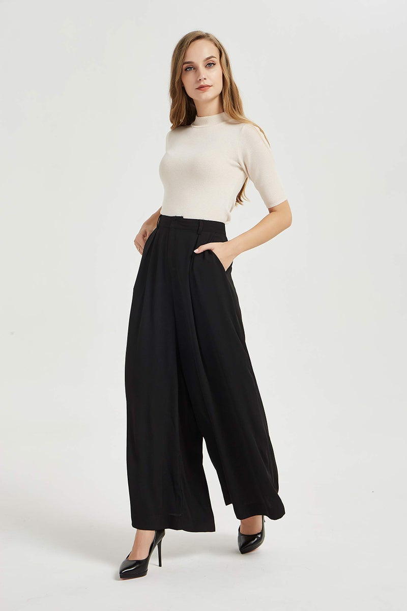 Tronjori Women High Waist Casual Wide Leg Long Palazzo Pants Trousers Regular Size(L, Black) - Image 4