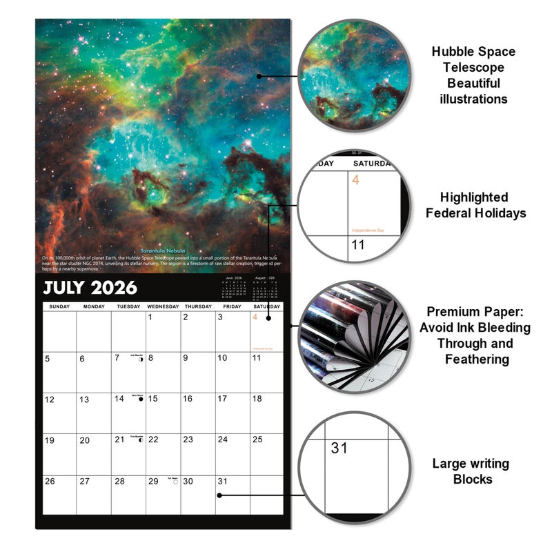 Vindora 2026 Wall Calendar - Hubble Telescope Wall Calendar 2026, January 2026 - December 2026, 12" x 24" (Open), Hanging Hook, Blocks and Holidays - Stunning Hubble Discoveries - Image 3