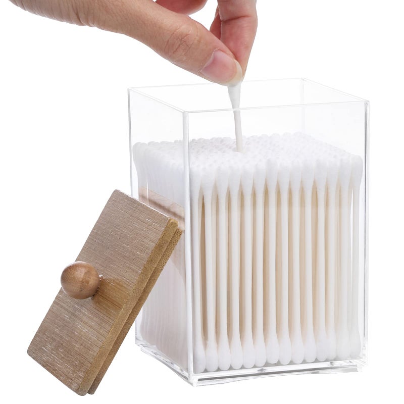 Tbestmax 12 OZ Cotton Swab/Ball/Pad Holder, Qtip Apothecary Jar, Clear Bathroom Containers Dispenser for Storage 4 Pack Wood Lids - Image 3
