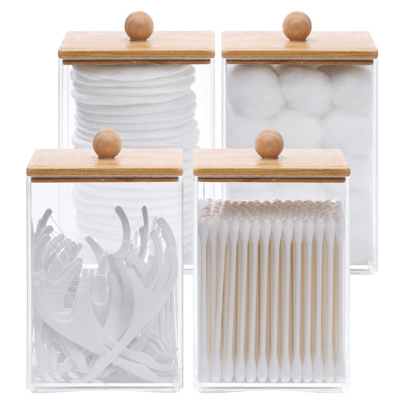 Tbestmax 12 OZ Cotton Swab/Ball/Pad Holder, Qtip Apothecary Jar, Clear Bathroom Containers Dispenser for Storage 4 Pack Wood Lids - Image 1