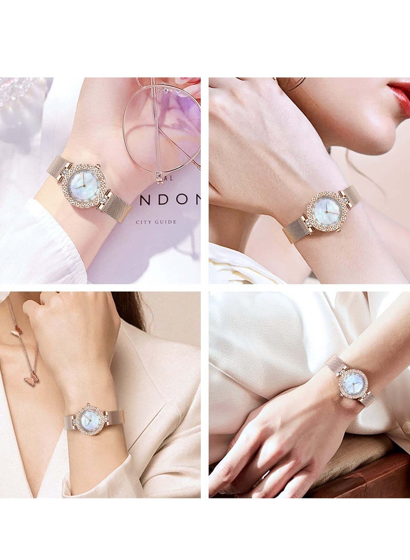 Stylish Women's Watch Collection, 3 Piece Set with Bracelet and Necklace, Quartz Diamond Timepieces with Stainless Steel Band, Rose Gold Jewelry Set - Image 5