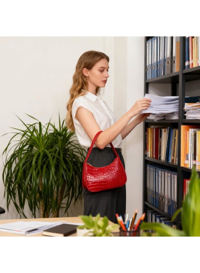 CYHTWSDJ حقائب الكتف للنساء، حقيبة هوب توت اليدوية الصغيرة اللطيفة مع إغلاق بسحاب، تمساح أحمر، كبير - Image 2