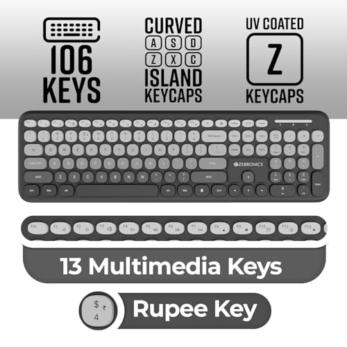 Zebronics Wireless Keyboard & Mouse Combo, 106 UV-Coated Keys, ₹ Key, 13 Multimedia Keys, Retractable Stand, 4 Button Mouse, 1600 DPI, High Precision, USB Nano Receiver (Companion 302, Dark Grey) - Image 4