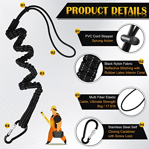 LEIFIDE 6 Pcs Tool Lanyard Standard Length Safety Tool Leash 17.6lb 8kg Tough Adjustable Fall Protection Tether with Aluminum Screw Lock Buckle, Shock Cord Stopper and Retractable Loop End, Black - Image 3
