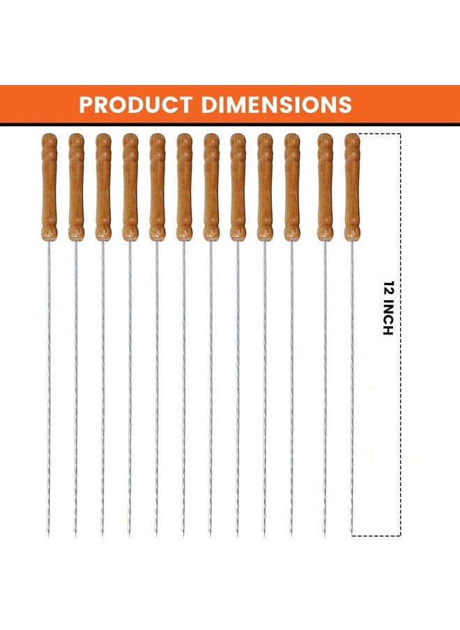 ORILEY Oriley 12 Inch Stainless Steel Barbeque Skewers Set Rounded/Square BBQ Sticks with Wooden Handle Reusable Metal Kabab Grill Tool for Outdoor Tandoor Kebab Grilling (Pack of 12)  - Image 3