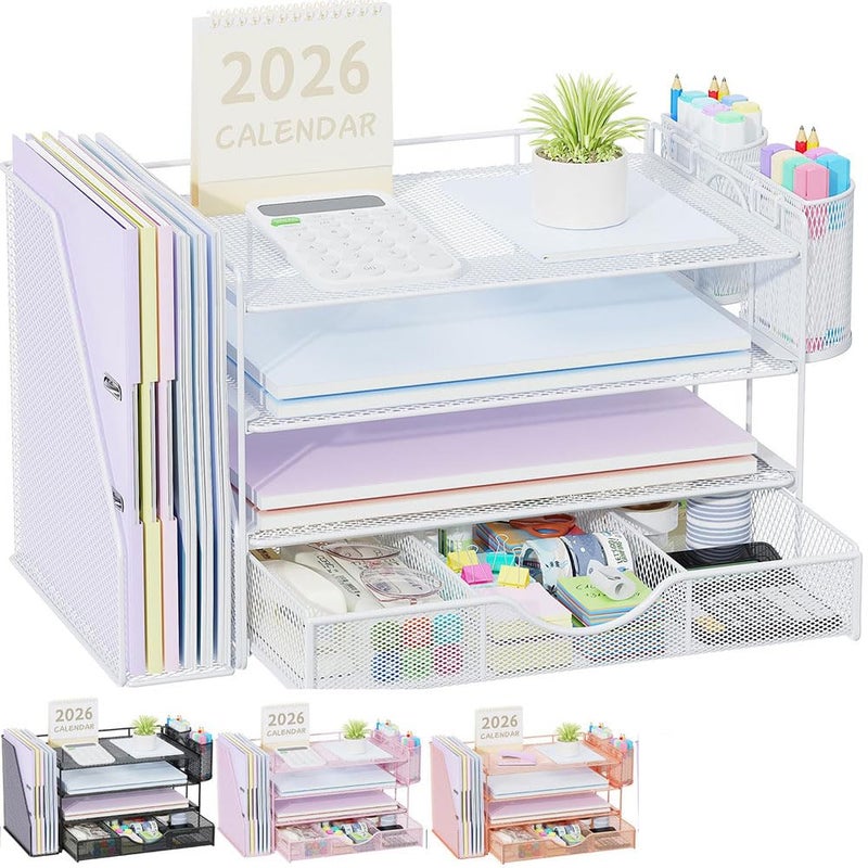 Quhombo Desk Organiser with File Holder,4-Tier Desk Organisers and Accessories with 2 Pen Holders and Drawer,Paper Letter Tray Storage with Magazine Holder for Home Office Supplies(white) - Image 1