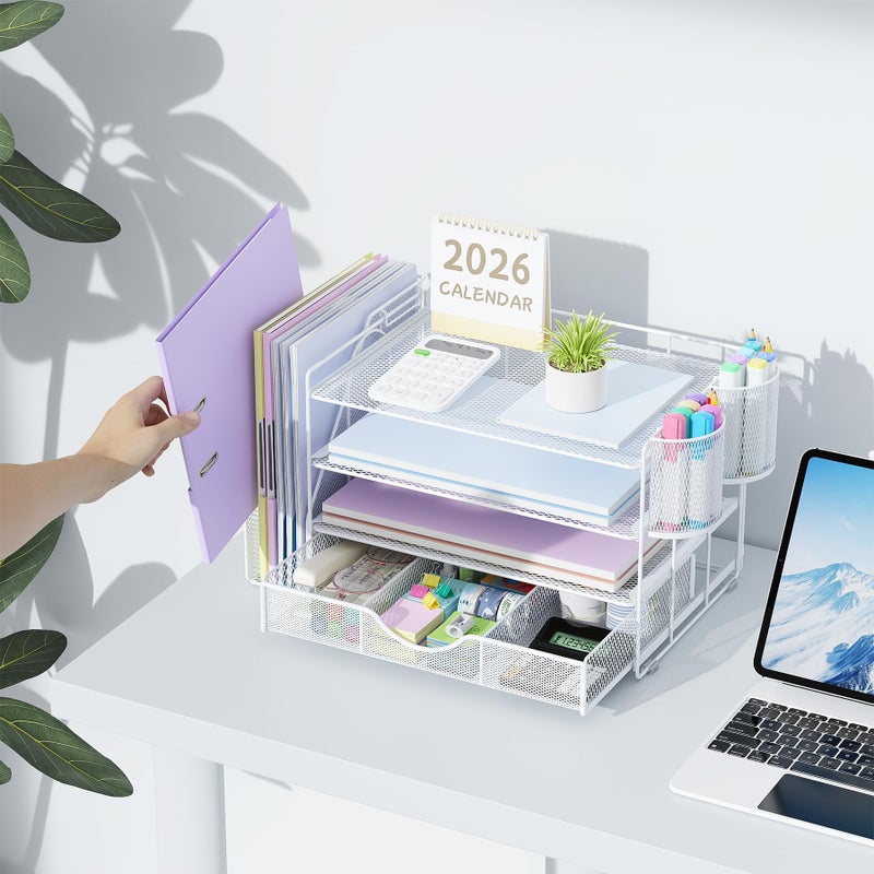 Quhombo Desk Organiser with File Holder,4-Tier Desk Organisers and Accessories with 2 Pen Holders and Drawer,Paper Letter Tray Storage with Magazine Holder for Home Office Supplies(white) - Image 4