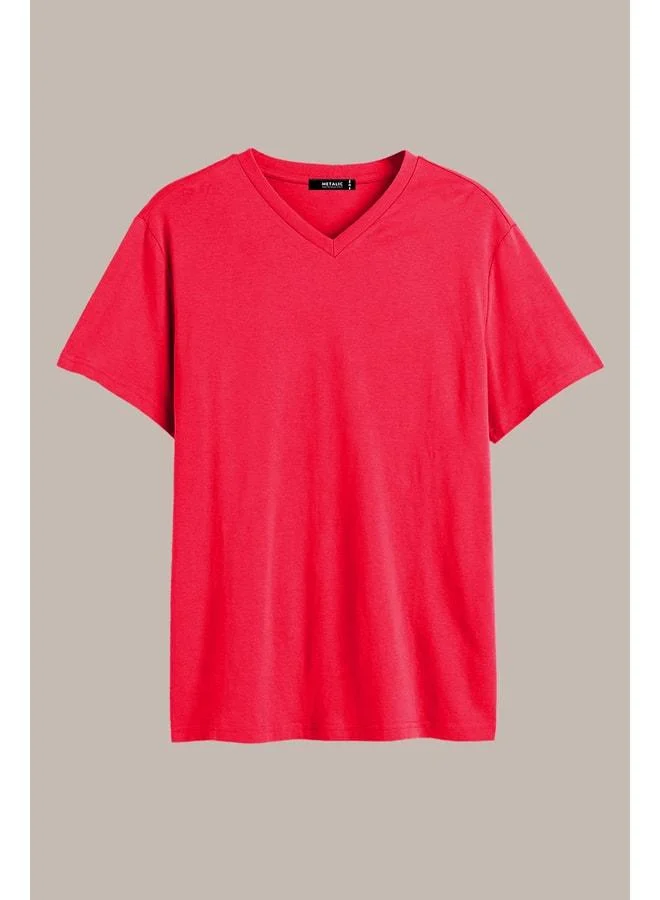 Mmetalic Men's Indigo 100% Cotton Basic Regular Fit Cotton Short Sleeve V-Neck T-Shirt.