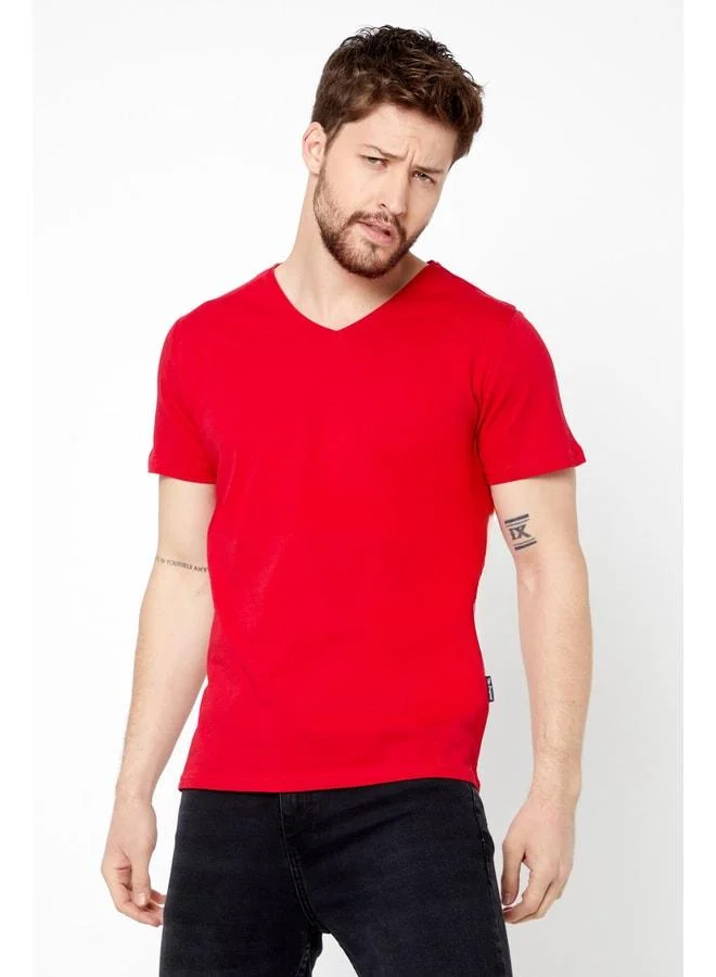 Mmetalic Men's Indigo 100% Cotton Basic Regular Fit Cotton Short Sleeve V-Neck T-Shirt.