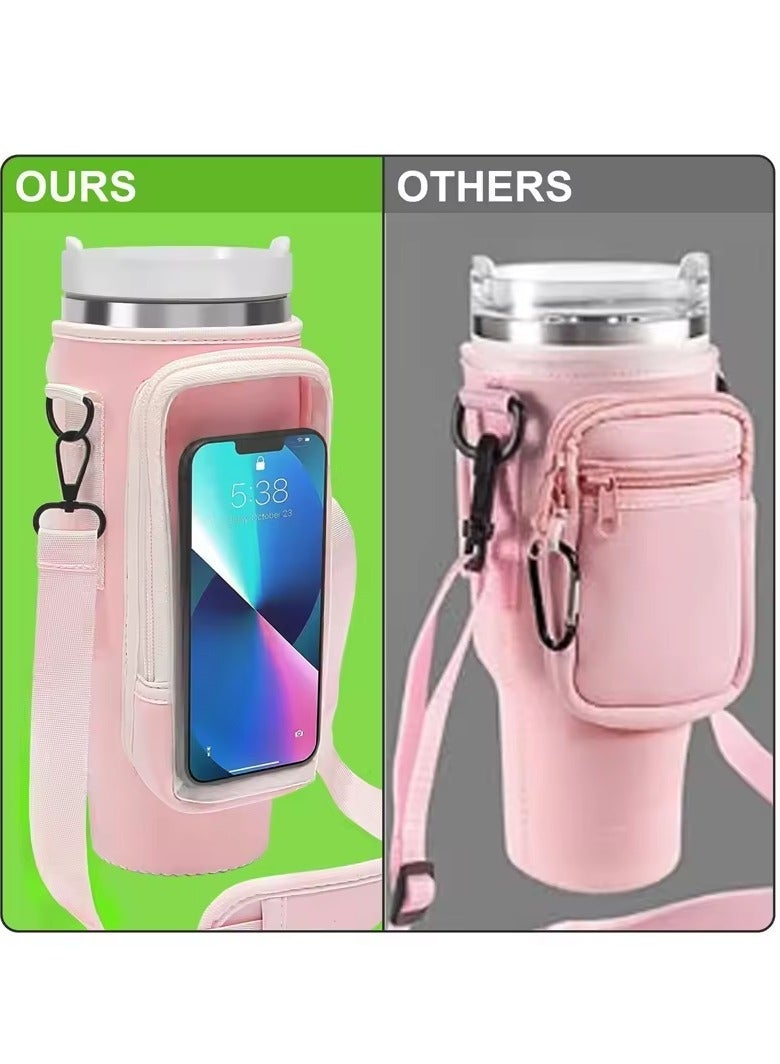 Water Bottle Carrier Bag with Strap for Stanley 40oz Tumbler with Handle, 2 Pocket Sling Neoprene Bottle Pouch Holder, Stanley Cup Accessories for Hiking Travelling Camping (Pink)  - Image 3