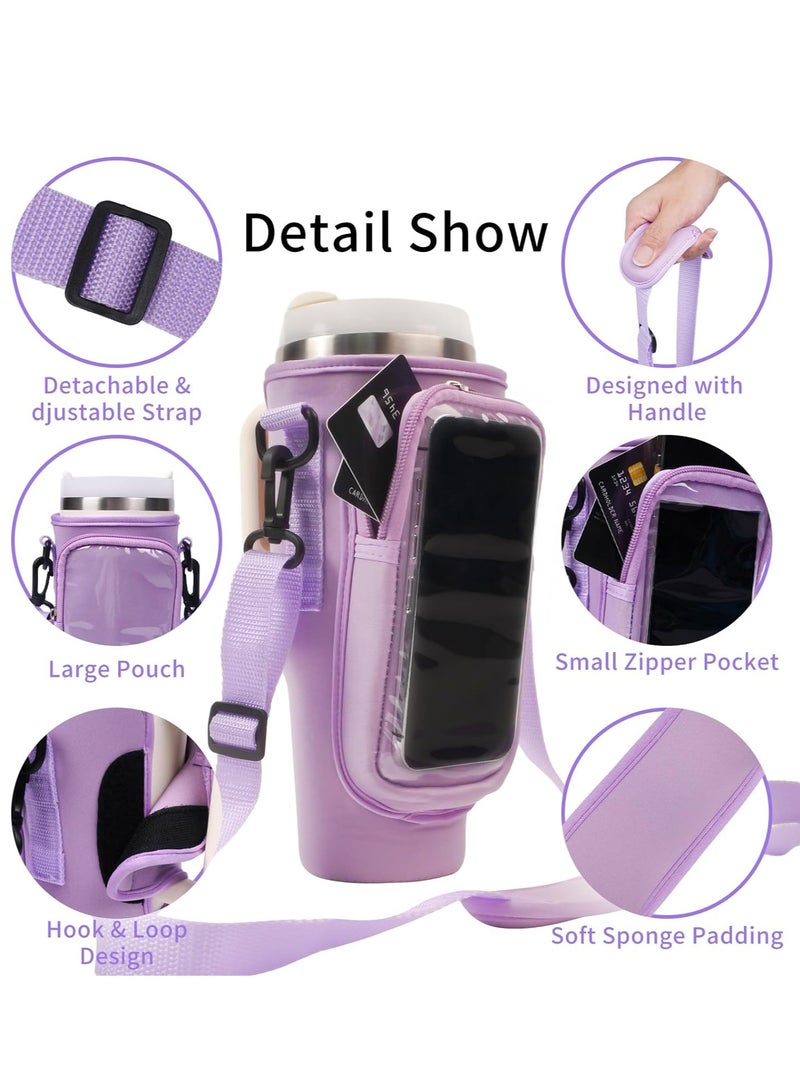 Water Bottle Carrier Bag with Strap for Stanley 40oz Tumbler with Handle, 2 Pocket Sling Neoprene Bottle Pouch Holder, Stanley Cup Accessories for Hiking Travelling Camping (Pink)  - Image 4