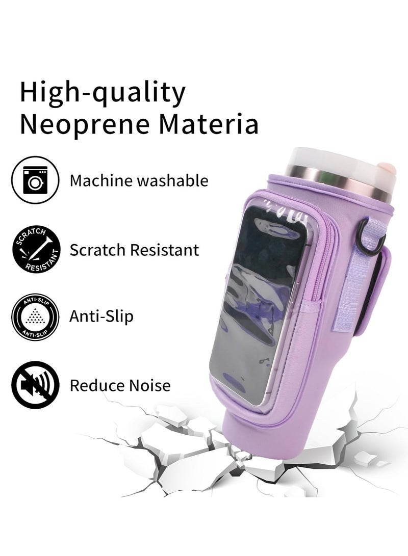 Water Bottle Carrier Bag with Strap for Stanley 40oz Tumbler with Handle, 2 Pocket Sling Neoprene Bottle Pouch Holder, Stanley Cup Accessories for Hiking Travelling Camping (Pink)  - Image 5