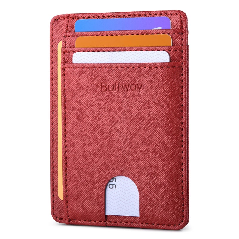 Buffway Slim Minimalist Front Pocket RFID Blocking Leather Wallets for Men and Women - Cross Red - Image 1