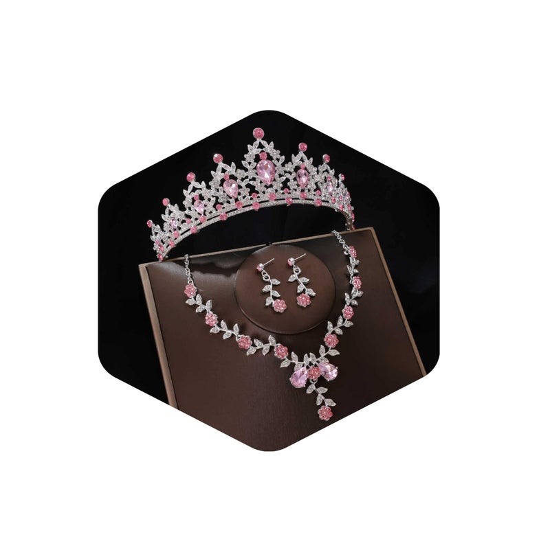 Kamirola Tiaras and Crowns for Women,Tiaras Earrings Necklace, Crystal Bridal Jewelry Set, Costume Party Halloween Prom Pageant Jewelry for Women(TR45) (Pink & Silver) - Image 1