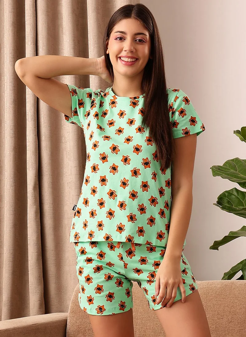 Clovia Clovia Monster Emoji Print Top & Shorts Set in Mint Green - 100% Cotton