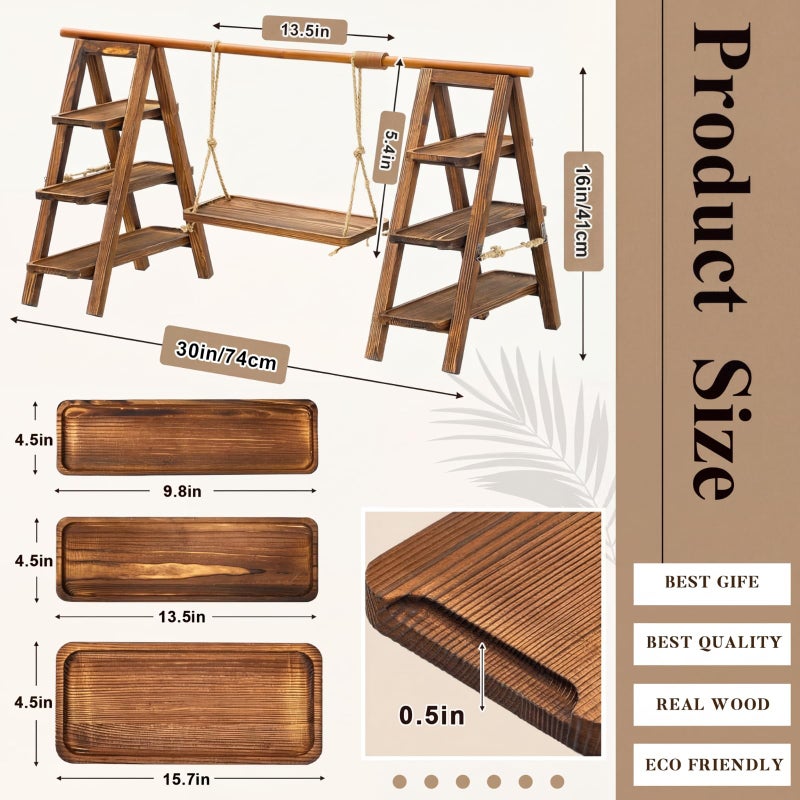 Beeveer Wooden 3 Tier Swing Cupcake Stand with Serving Platter Foldable Ladder Stand Dessert Display Snack Fruit Cake Bread Centerpieces for Party, Birthday, Wedding, Baby Shower(Dark Walnut) - Image 2