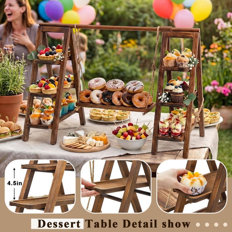 Beeveer Wooden 3 Tier Swing Cupcake Stand with Serving Platter Foldable Ladder Stand Dessert Display Snack Fruit Cake Bread Centerpieces for Party, Birthday, Wedding, Baby Shower(Dark Walnut) - Image 4