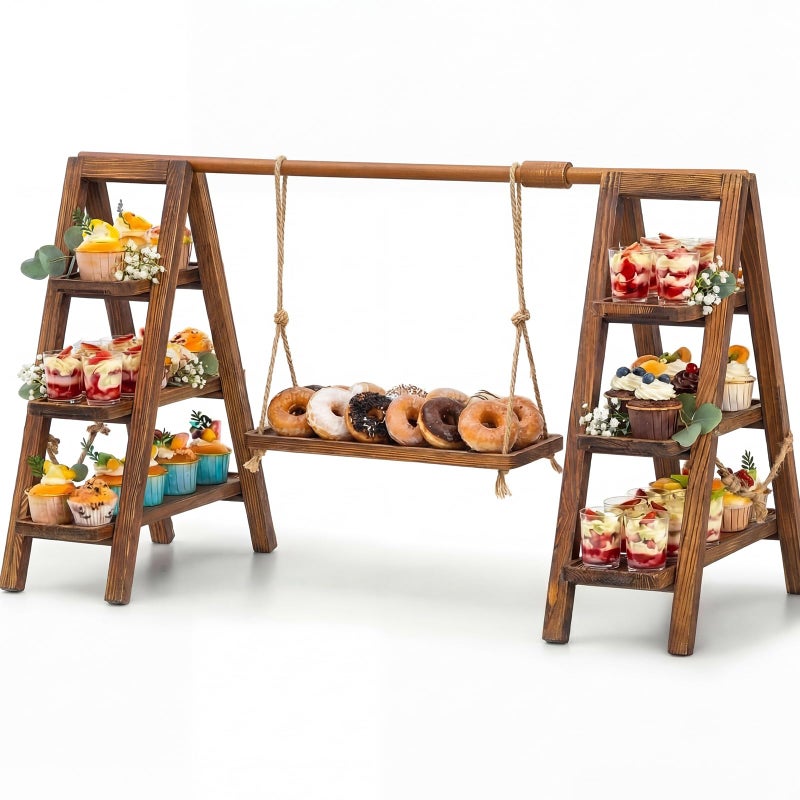 Beeveer Wooden 3 Tier Swing Cupcake Stand with Serving Platter Foldable Ladder Stand Dessert Display Snack Fruit Cake Bread Centerpieces for Party, Birthday, Wedding, Baby Shower(Dark Walnut) - Image 1