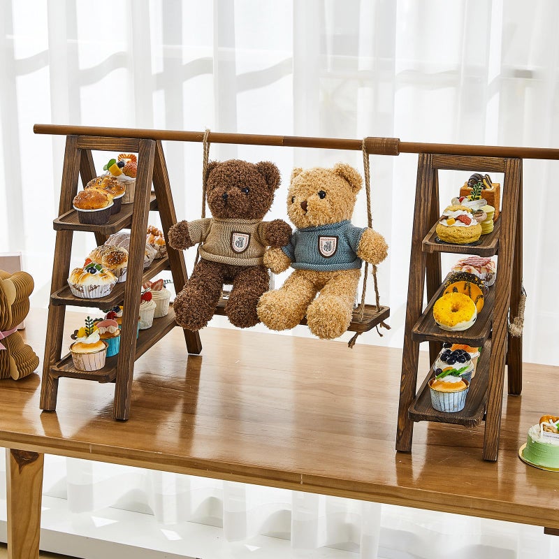 Beeveer Wooden 3 Tier Swing Cupcake Stand with Serving Platter Foldable Ladder Stand Dessert Display Snack Fruit Cake Bread Centerpieces for Party, Birthday, Wedding, Baby Shower(Dark Walnut) - Image 3