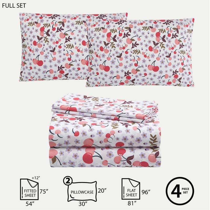 Urban Lifestyle 4 Piece Sheet Set, Including Top Sheet, Fitted Sheet and 2 Pillow Cases, Cherry Print, Full - Image 2