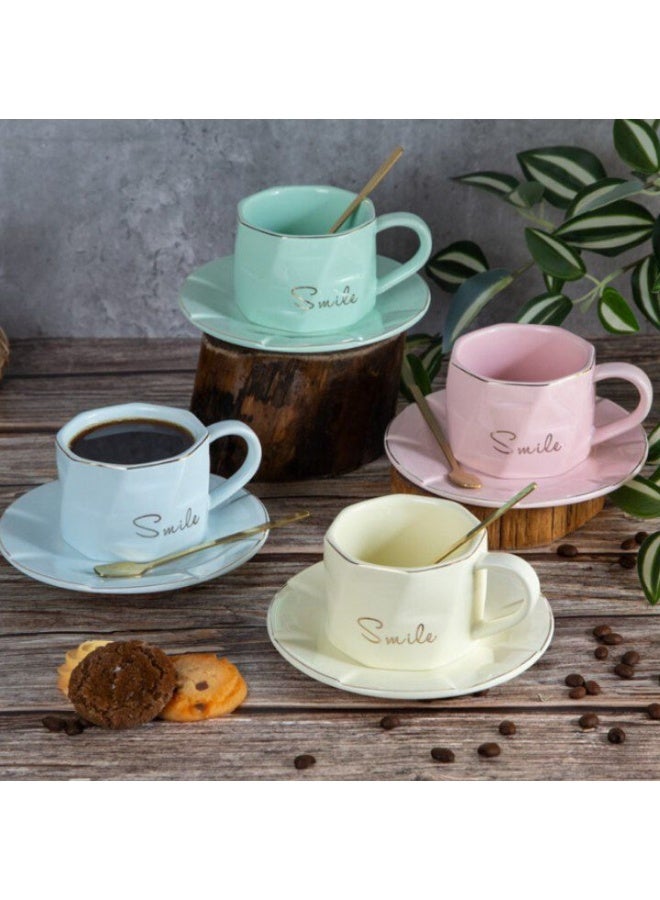 كوب بورسلين وردي مع طبق وملعقة – تصميم فاخر محفور بكلمة Smile | كوب قهوة وشاي أنيق للمكتب والمنزل - Image 2