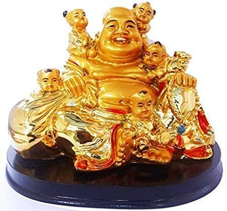 GJ Polyresin Feng Shui Laughing Buddha Showpiece with 5 Children for Health, Wealth and Happiness (14 cm, Golden) - Image 2