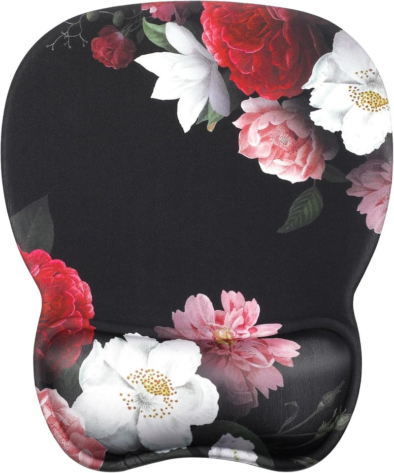 MROCO Ergonomic Mouse Pad with Gel Wrist Rest, Comfortable Mousepad with Smooth Wrist Support Surface and Non-Slip PU Base for Pain Relief, Computer, Laptop, Office & Home, 9.4 x 8.1 in, Black Flower - Image 1