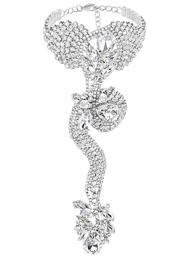 Rhinestone Snake Finger Bracelet - Sparkling Crystal Bangle Hand Chain for Women and Girls Lady Crystal Jewelry Bracelet Valentine's Day Gift Snake Hand Jewelry for Party Silver - Image 1