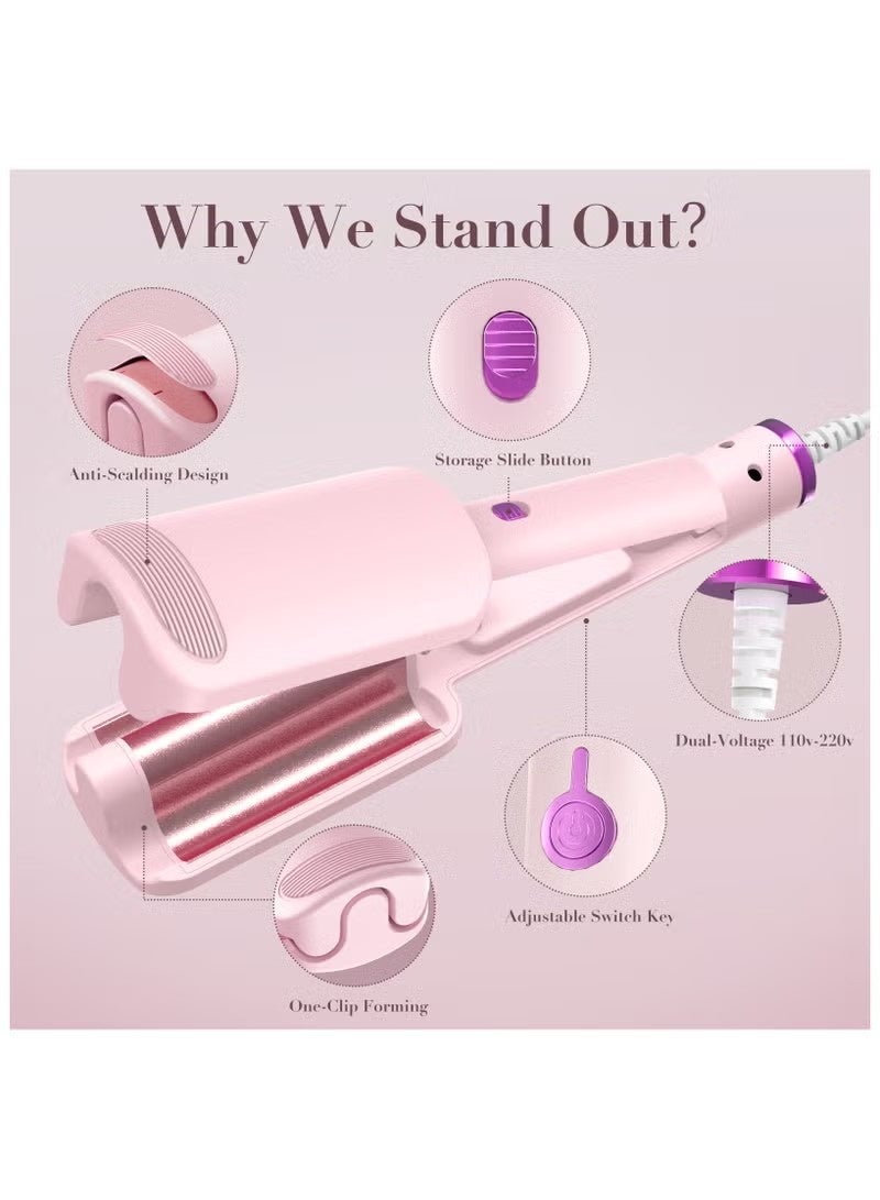 PANDA JOJO 32MM Ceramic Curling Wand - 3 Barrel Beach Wave Hair Curler with Adjustable Temp (160°C-220°C), Anti-Scald Design & Travel Lock | Frizz-Free Waves for All Hair Types | Pink - Image 2