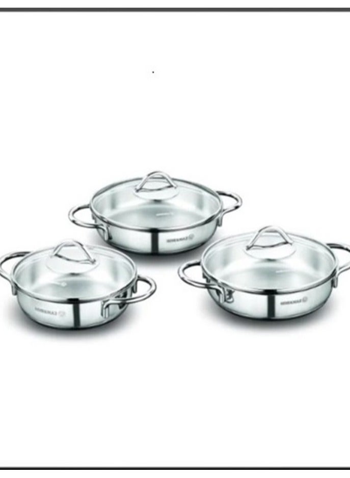 Korkmaz Stainless Steel Cookware Set With Glass Lid, Size 16-18-20 Cm, Depth 5 Cm