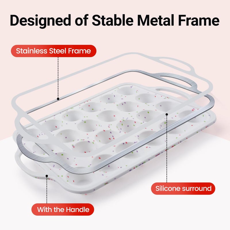 CAKETIME Mini Muffin Pan, Metal Reinforced Frame Mini Cupcake Pans 24 Cups Nonstick Muffin Silicone Molds with Handle for Baking Muffins, Cupcakes, Egg Bites 2 Pack - Image 2