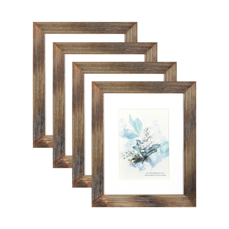 KAIWIN 100% Solid Wood Brown 8x10 Picture Frame 4 Pack - Display Picture 5x7 with Mat  HD Glass Inside  Rustic Wooden Photo Frames for Table Top and Wall Mounting - Image 1