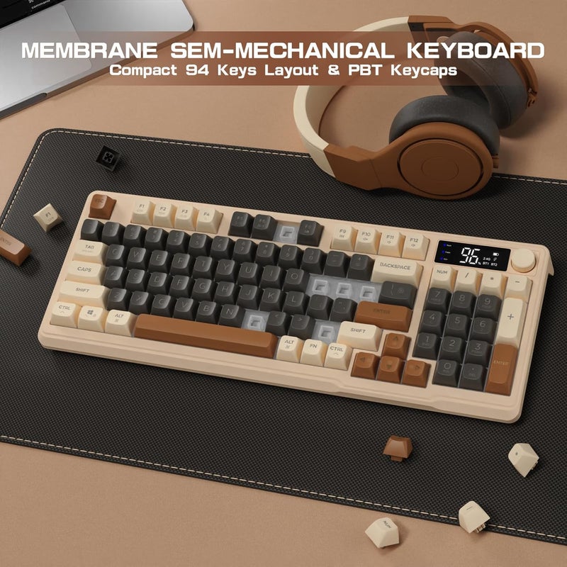 LexonElec M96 Wireless Gaming Keyboard, Dual Mode 2.4G and BT5.0, Semi-Mechanical 90% Membrane Keyboard with Display and Knob, PBT Keypad 94 Keys Rainbow Backlit, 3000 mAh Rechargeable – Coffee - Image 5