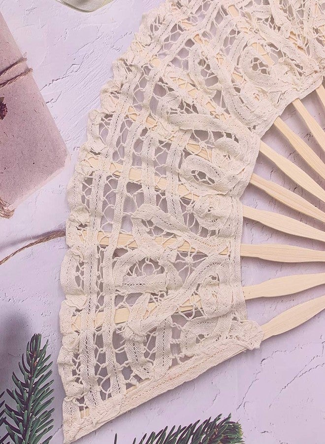 Propupy Retro Lace Fan, Foldable Handmade Cotton Fan with Bamboo Staves and Silk Tassels, Beige, 10.65" L x 19.2" W, Wedding, Bridal Shower, Dance Party - Image 3