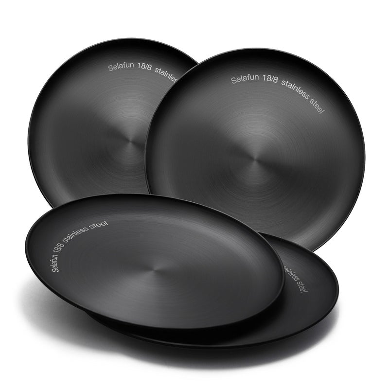 Selafun Stainless Steel Plates Metal 18/8 Round Dinner Plates - Set of 4 - Food-Grade Dishwasher Safe 9inch Salad Plates for Camping Kids Dining Outdoor (Black) - Image 1
