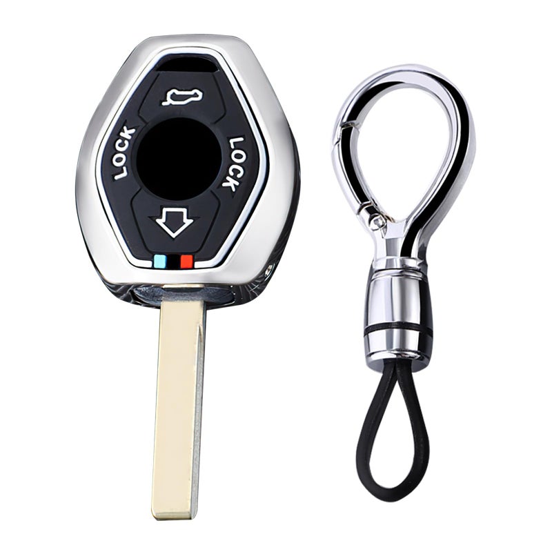 Ysbxitu Keyless Remote Key Fob Cover with Keychain Compatible with BMW E38 E39 E46 E53 E60 E63 E61 E64 E83 E85 E86 M5 325i X3 X5 Z3 Z4 3 5 7 Series Key Shell Case Car AccessoriesShort Chain Silver
