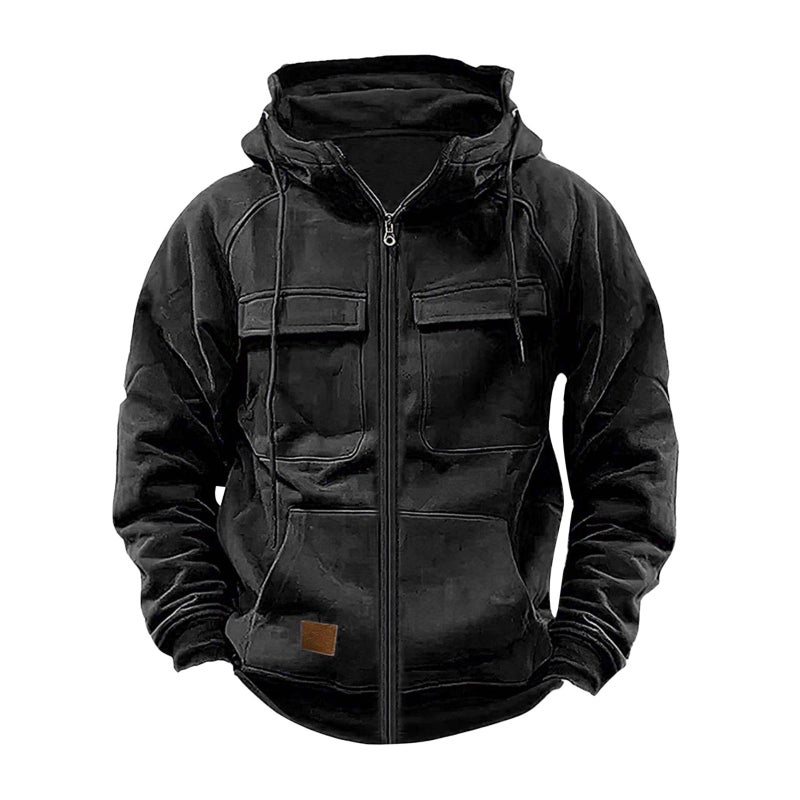 Generic Cross-Border Autumn and Winter New Mens Hooded Pure Color Sweatshirt European and American Youth Sports Multi-Flap Pocket Pants Leather Sweatshirt Jacket Black 