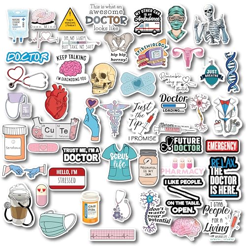 D2C Medical & Nursing Vinyl Stickers Pack of 56 - Waterproof Doctor Nurse Healthcare Theme Laptop Stickers for Students, Professionals & Gifts - Image 1