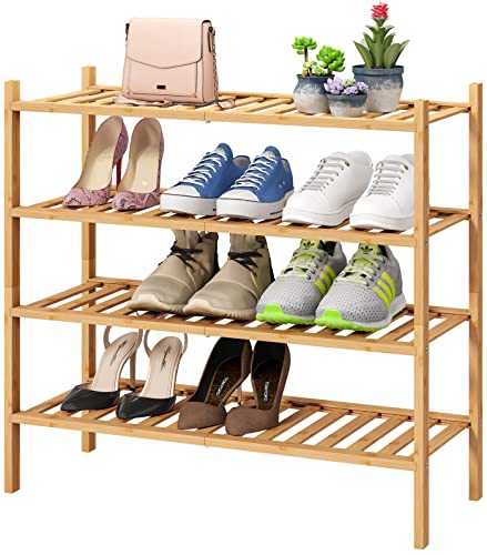 viewcare 4-Tier Bamboo Shoe Rack for Entryway, Stackable | Foldable | Natural, Shoe Organizer for Hallway Closet, Free Standing Shoe Racks for Indoor Outdoor - Image 1