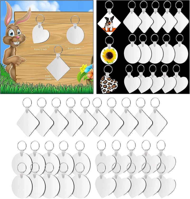 klarako Set of 30 Sublimation Blank Keychains with Keyring Square Round Heart Heat Transfer Keychain MDF Blank Keychain DIY Pendants for Crafts Jewelry Making - Image 2