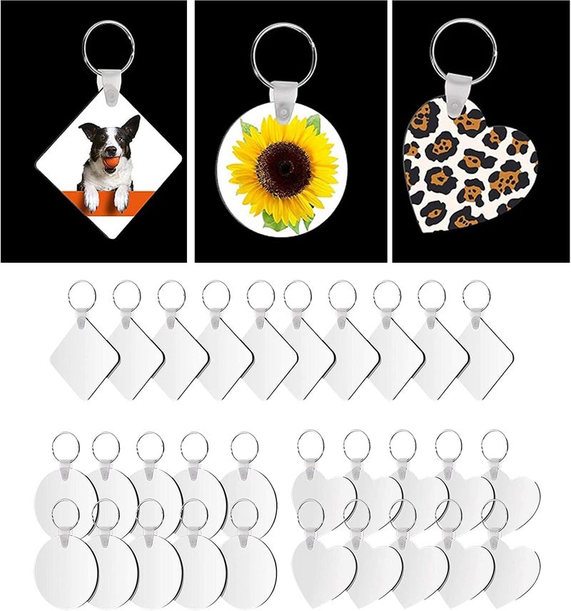 klarako Set of 30 Sublimation Blank Keychains with Keyring Square Round Heart Heat Transfer Keychain MDF Blank Keychain DIY Pendants for Crafts Jewelry Making - Image 5
