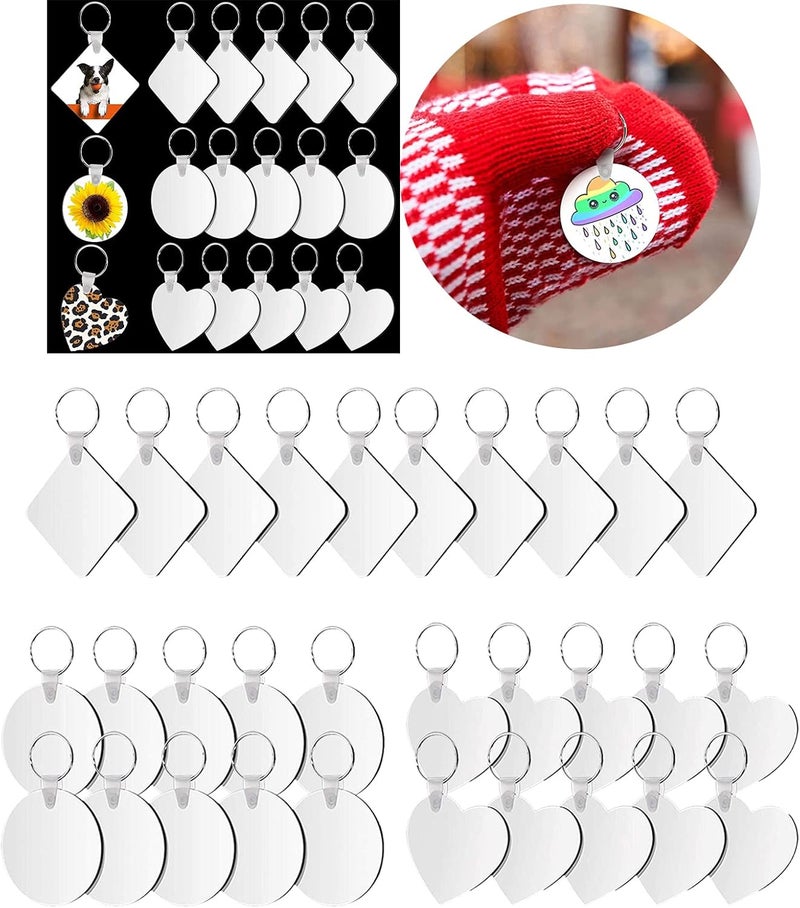 klarako Set of 30 Sublimation Blank Keychains with Keyring Square Round Heart Heat Transfer Keychain MDF Blank Keychain DIY Pendants for Crafts Jewelry Making - Image 4