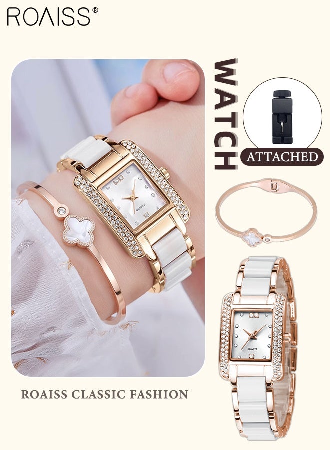 رويس طقم ساعات كوارتز نسائية مكون من قطعتين، شاشة عرض تناظرية، مينا فضية مربعة مع زخارف من أحجار الراين، ساعة يد أنيقة فاخرة مع سوار رائع على شكل زهور ريترو، هدية للسيدات - Image 1