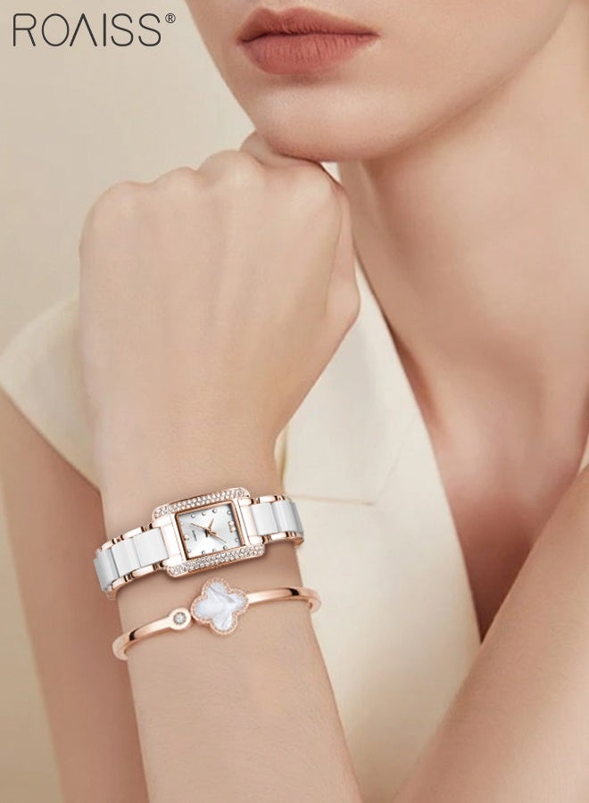 رويس طقم ساعات كوارتز نسائية مكون من قطعتين، شاشة عرض تناظرية، مينا فضية مربعة مع زخارف من أحجار الراين، ساعة يد أنيقة فاخرة مع سوار رائع على شكل زهور ريترو، هدية للسيدات - Image 3