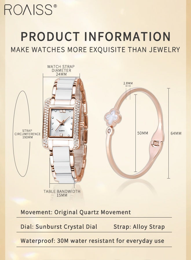 رويس طقم ساعات كوارتز نسائية مكون من قطعتين، شاشة عرض تناظرية، مينا فضية مربعة مع زخارف من أحجار الراين، ساعة يد أنيقة فاخرة مع سوار رائع على شكل زهور ريترو، هدية للسيدات - Image 4