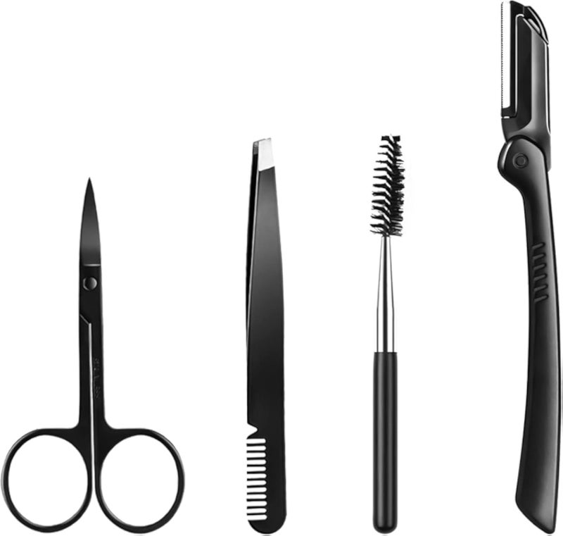 Tazweeq Eyebrow Razor, 4 in 1 Eyebrow Kit, Eyebrow Trimming Kit Including Brow Razors, Brush, Eyebrow Scissors, Tweezers, for Women and Men, Black